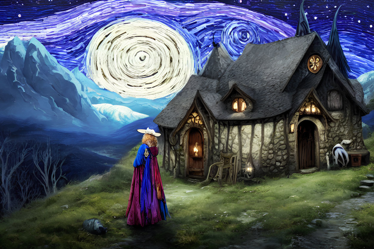 Illustration of person in hat and robe outside stone cottage under starry sky.