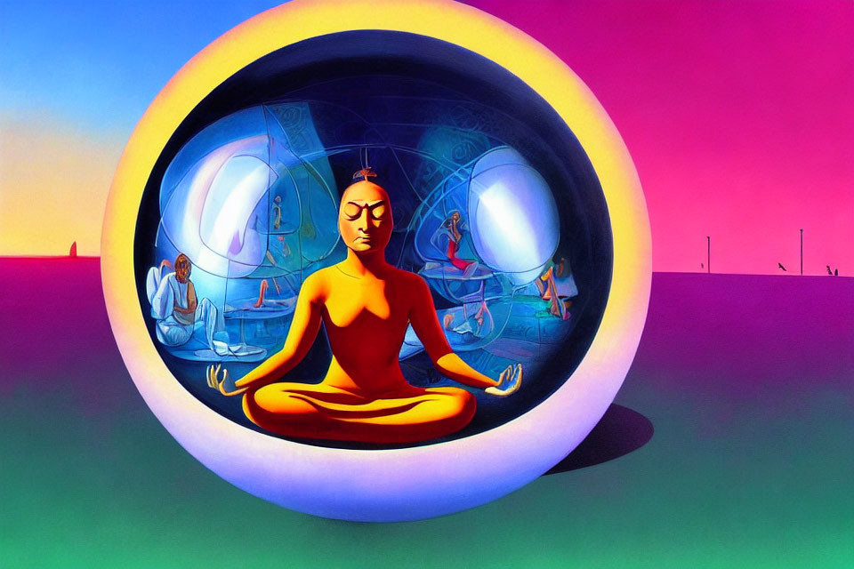Person meditating in lotus position in transparent sphere at colorful sunset with surreal elements.