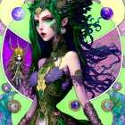 Colorful artwork featuring futuristic female figures with intricate headdresses against a psychedelic cosmic background.