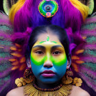 Colorful makeup and elaborate headdress in vibrant digital portrait