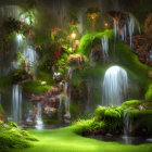 Lush enchanted forest scene at night with glowing lanterns