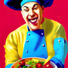 Smiling chef with fruits and vegetables on red background