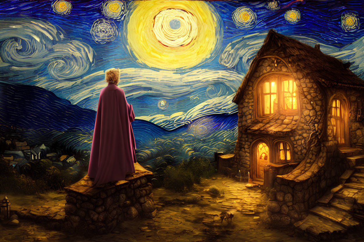 Red Cloaked Figure on Hill with Starry Night Sky and Cottage