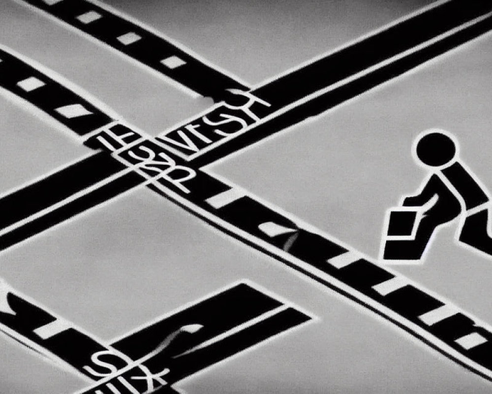 Monochromatic pedestrian crossing sign with intersecting street lines
