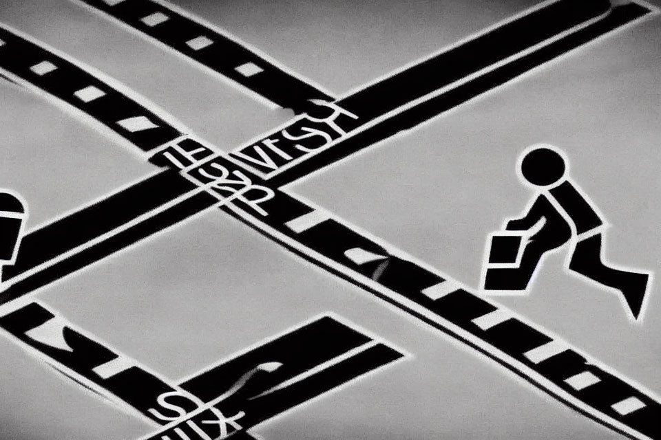 Monochromatic pedestrian crossing sign with intersecting street lines