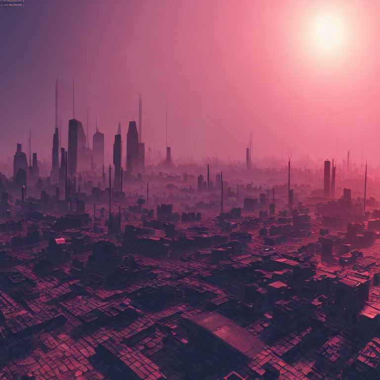 Dystopian cityscape with silhouetted skyscrapers in purple haze