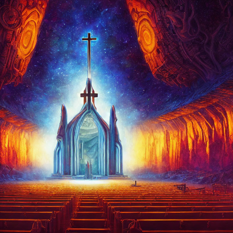 Vibrant surreal illustration of futuristic cathedral with glowing cross and alien-like structures in cavernous space.