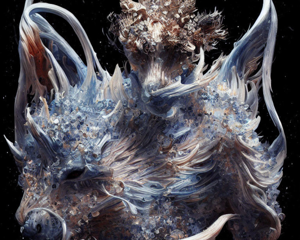 Abstract swirling creature with horn-like structures and crystalline textures on dark background