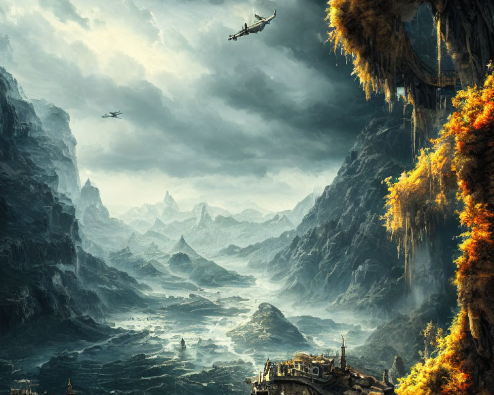 Fantastical landscape with cliffs, waterfall, autumn trees, flying ships, and ancient city ruins