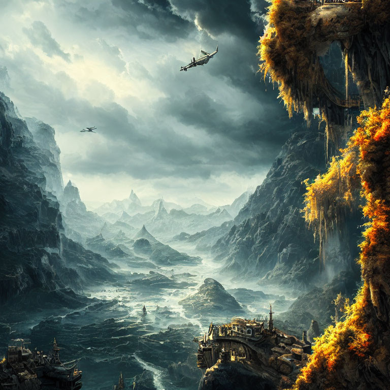 Fantastical landscape with cliffs, waterfall, autumn trees, flying ships, and ancient city ruins