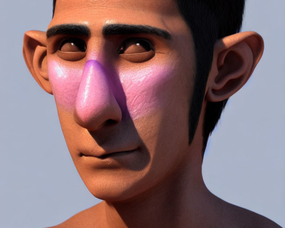 3D-rendered character with pink nose, dark hair, and questioning expression