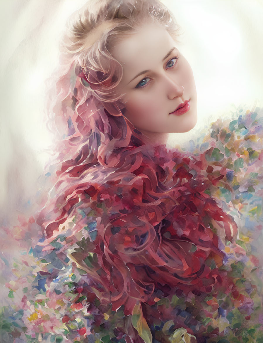 Woman with Wavy Hair in Floral Garment on Painterly Background