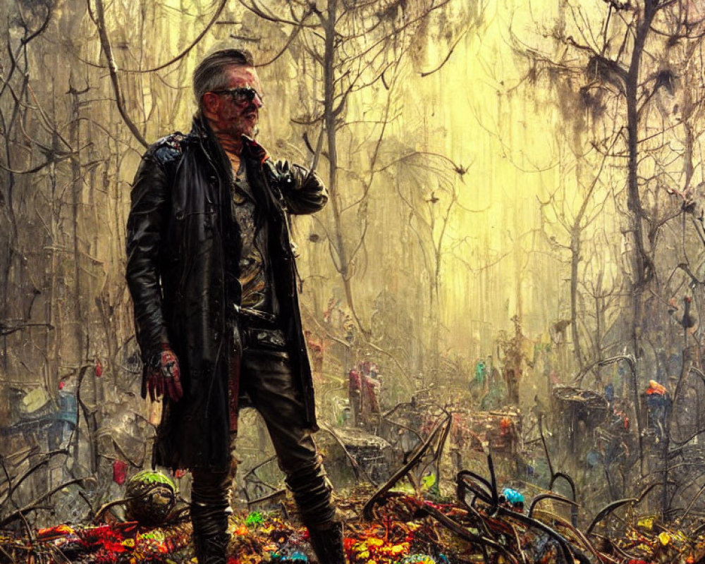Person in Black Leather Jacket and Sunglasses in Burnt Forest with Colorful Debris