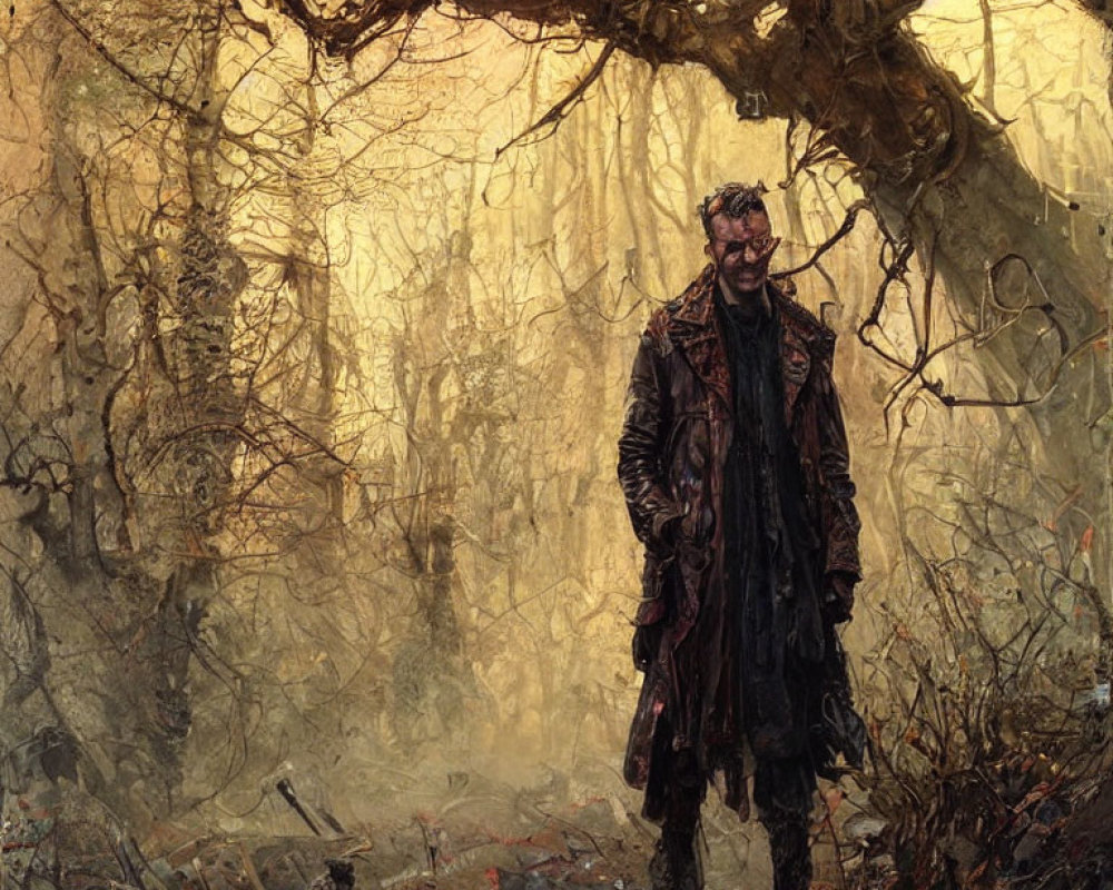 Person in long coat smiling in gloomy forest with twisted trees and sunlight.