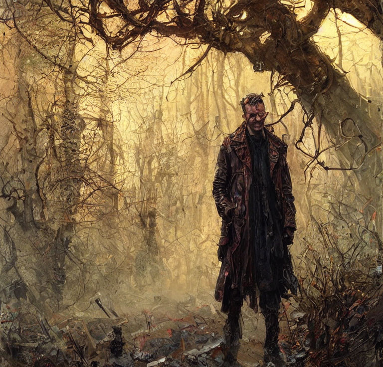 Person in long coat smiling in gloomy forest with twisted trees and sunlight.