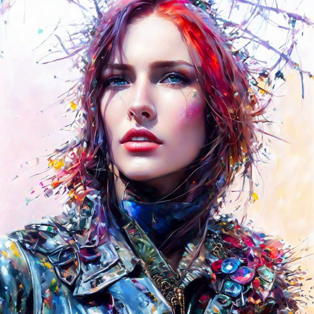 Colorful Abstract Portrait of Woman with Red Hair and Blue Eyes