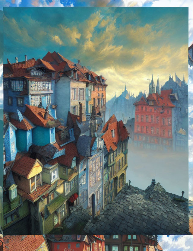European-style medieval town digital painting with colorful rooftops under golden sky