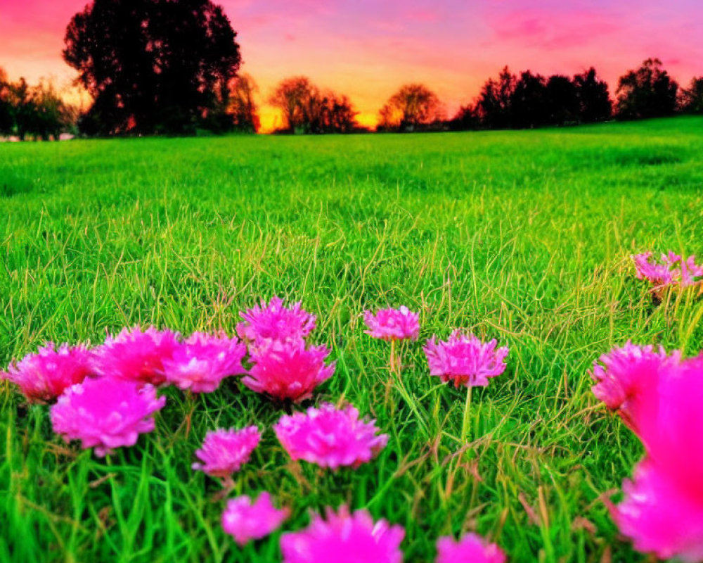 Vibrant Pink Flowers on Lush Green Grass with Colorful Sunset Sky