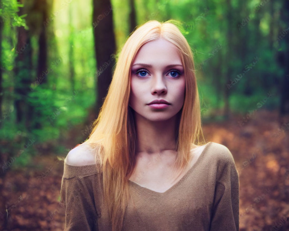 Blonde woman in brown top standing in sunlit forest