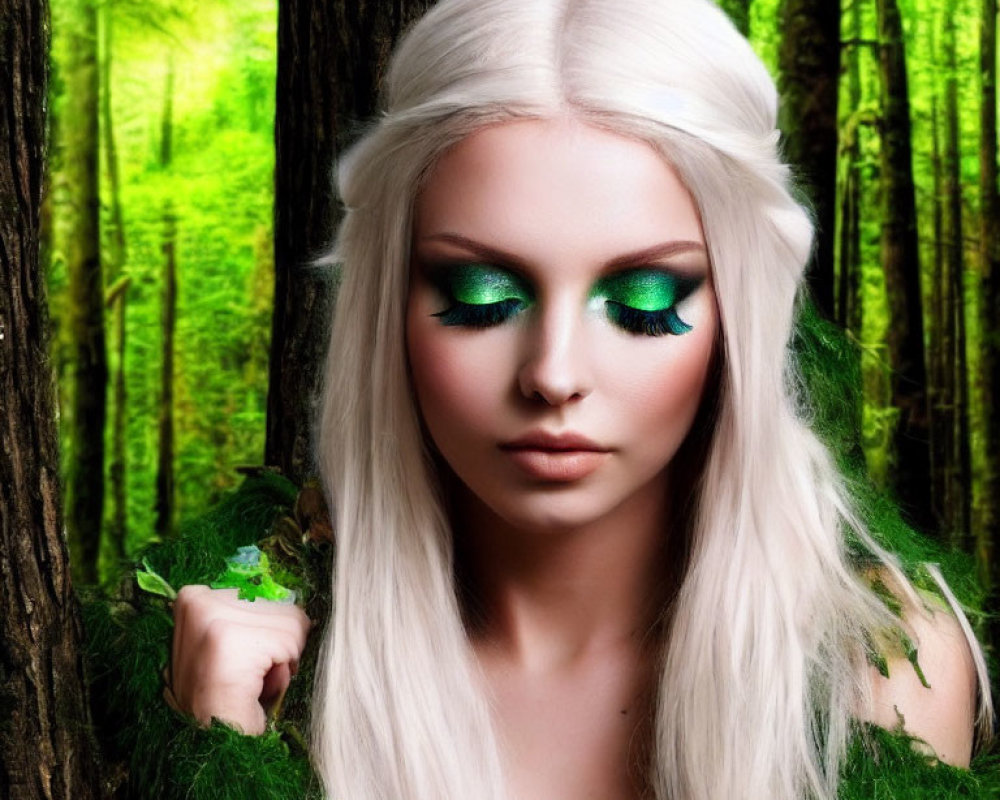 White-Haired Person with Green Eye Makeup in Forest Setting