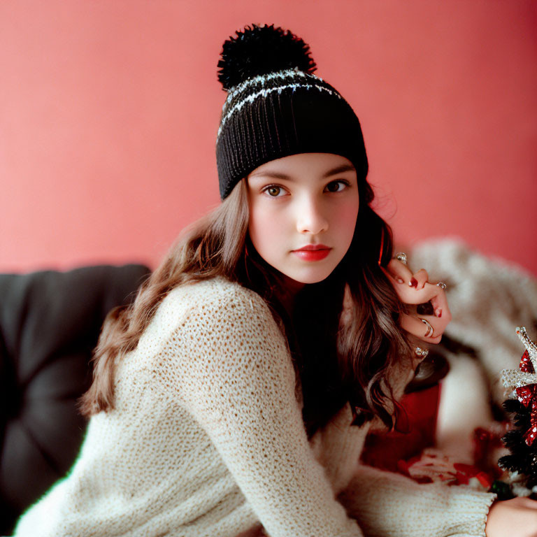 Young woman in cream sweater and pom-pom hat with Christmas tree against red backdrop