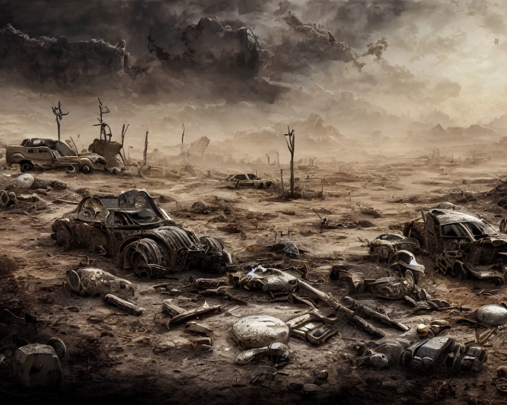 Desolate post-apocalyptic landscape with wrecked cars, debris, and skulls in barren wasteland