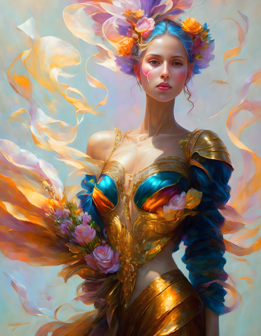 Ethereal woman portrait with vibrant flowers and golden armor