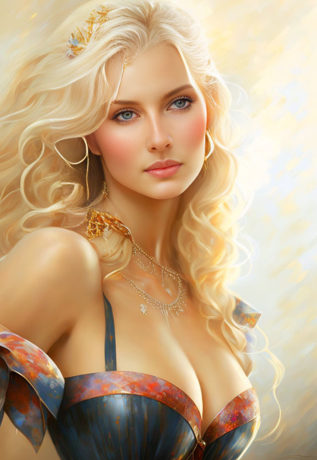 Blonde Woman in Blue-Gold Armor with Ethereal Beauty