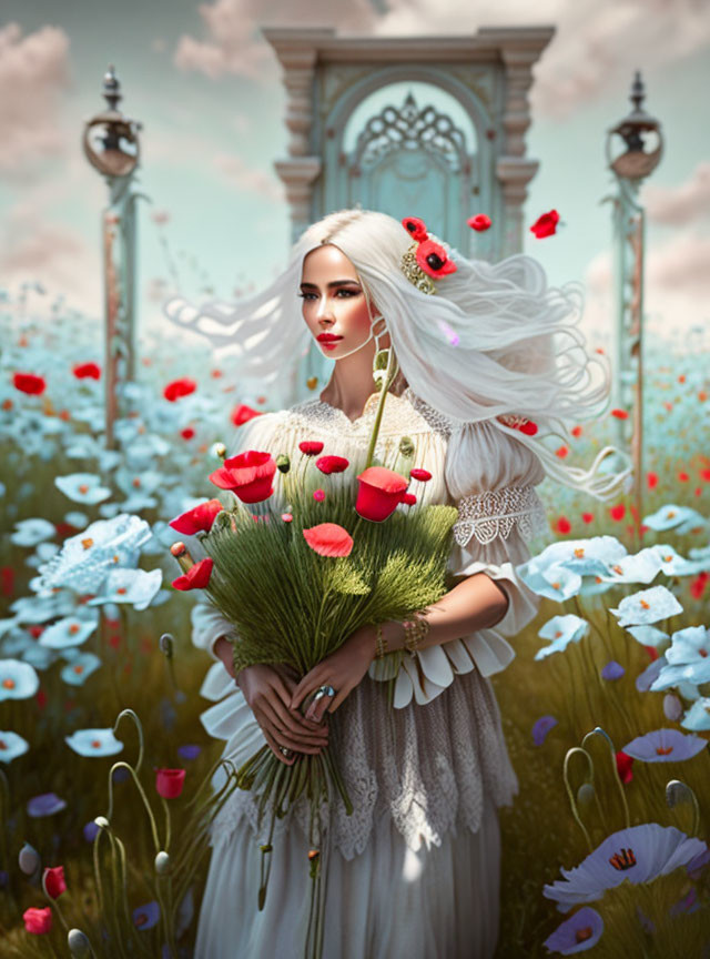 Woman with White Hair and Lace Dress in Flower Field with Bouquet and Decorative Gate