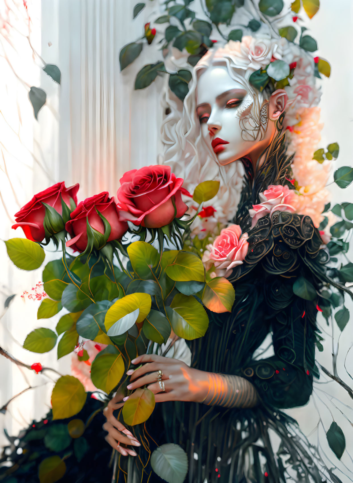 Pale figure with white hair holding red roses and intricate floral attire