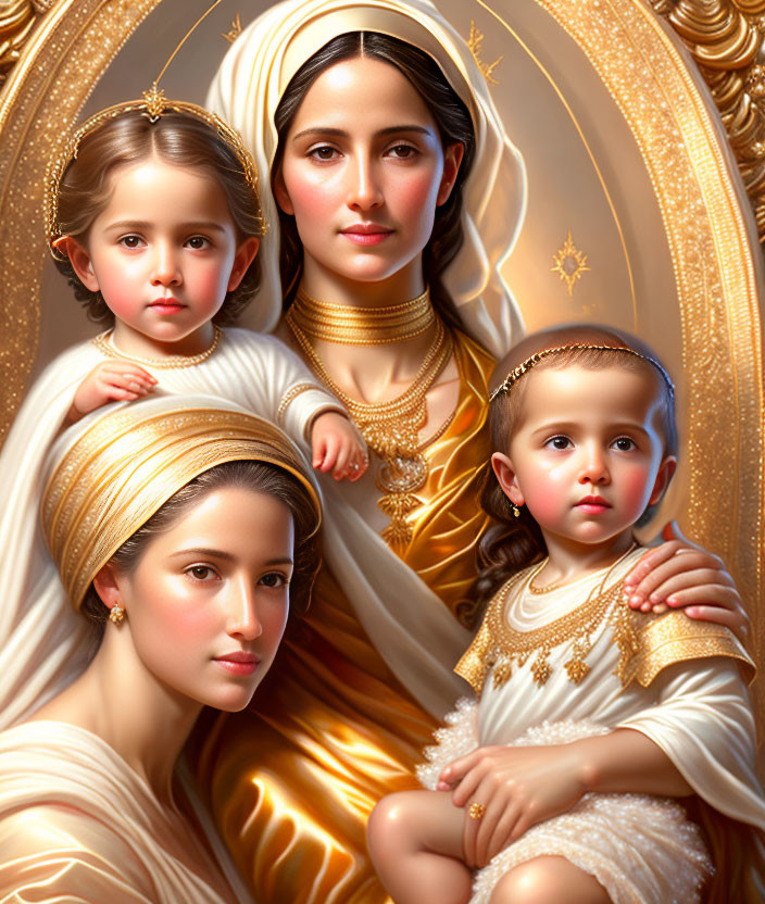 Digital Artwork: Four Female Figures in Golden Attire and Headpieces