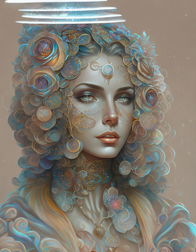 Celestial-themed Woman Portrait with Swirling Hair in Pastel Tones