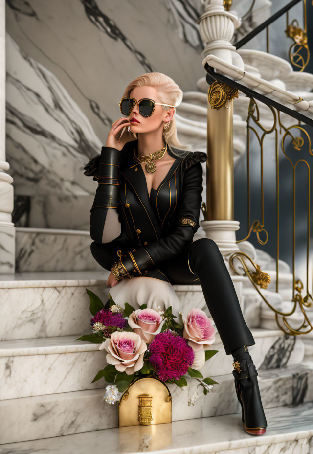 Elegant Woman in Black Outfit on Marble Stairs with Pink Flowers
