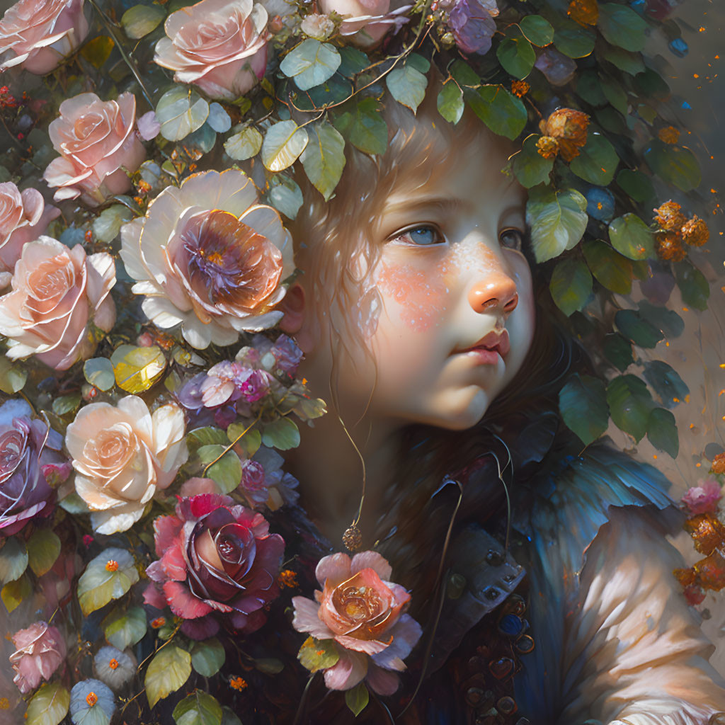 Child surrounded by vibrant roses and leaves in sunlight