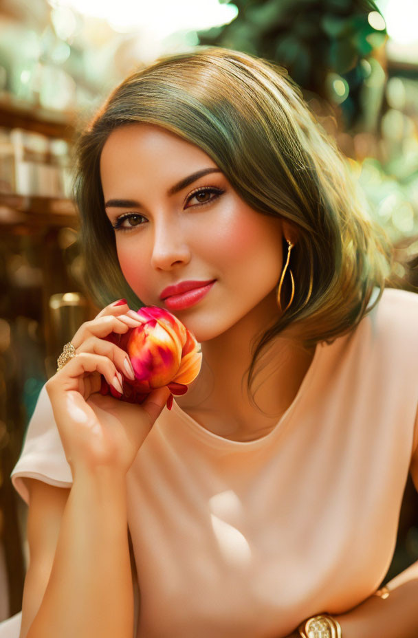Styled woman with flower, earrings, and ring in warm bokeh setting