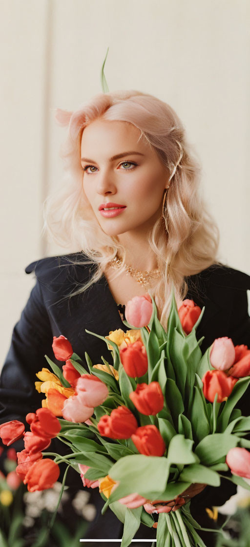 Blonde Woman in Black Dress with Red and Yellow Tulip Bouquet