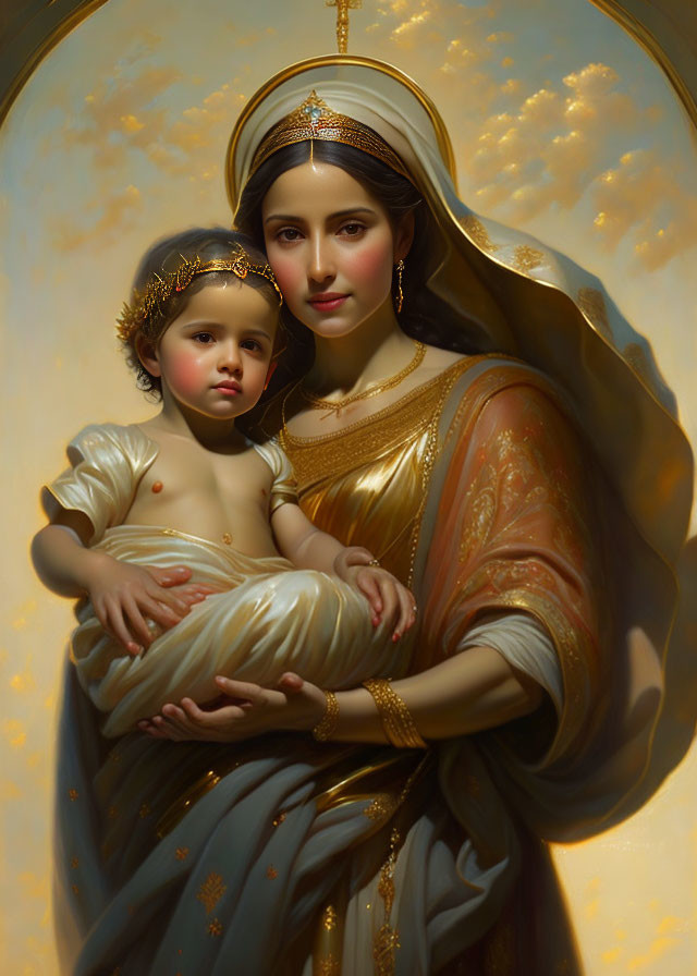 Regal woman and child in golden attire against glowing sky