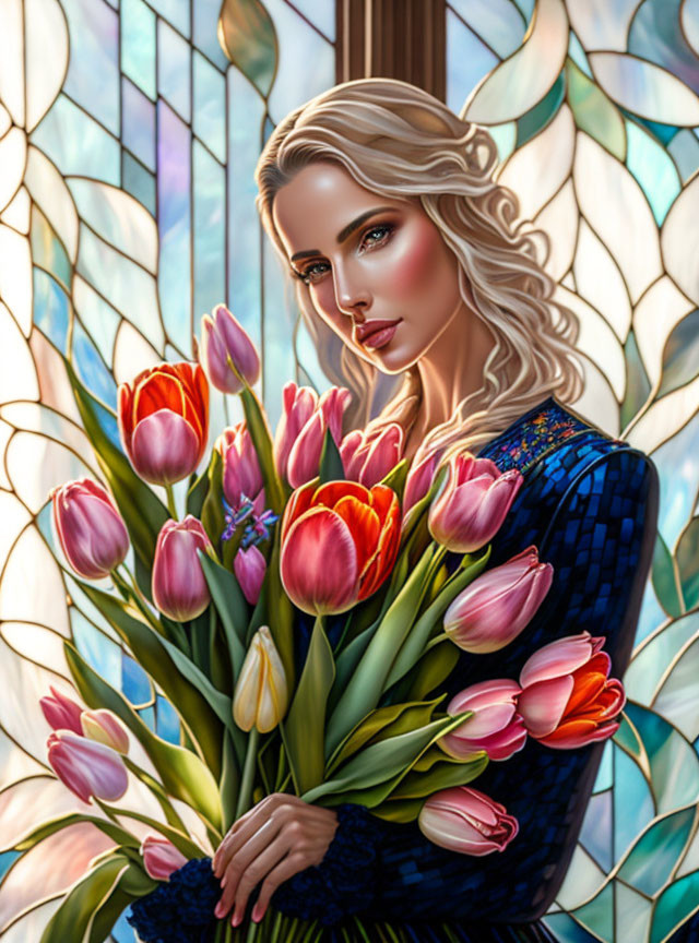 Blonde woman with tulip bouquet and stained glass window in digital illustration