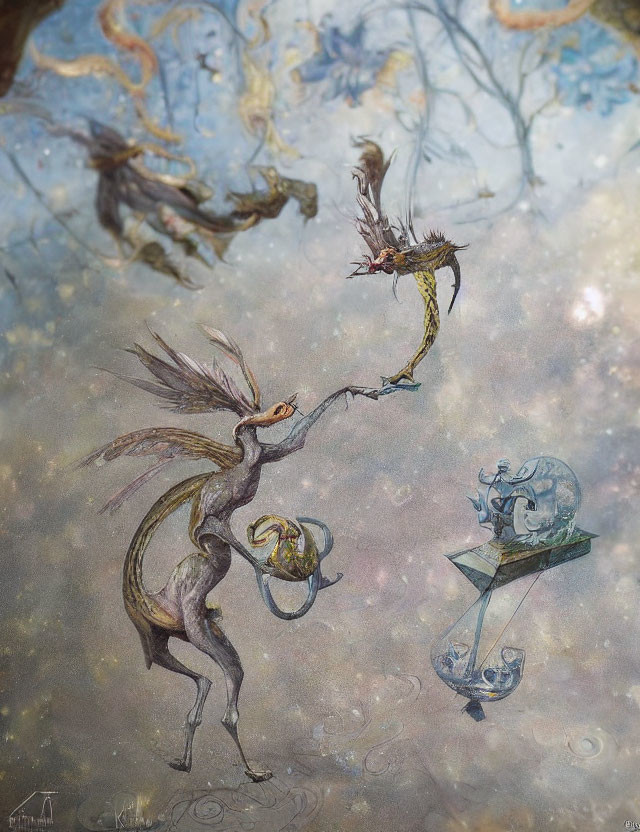 Whimsical horse-like creature dances with fantastical birds in starry atmosphere