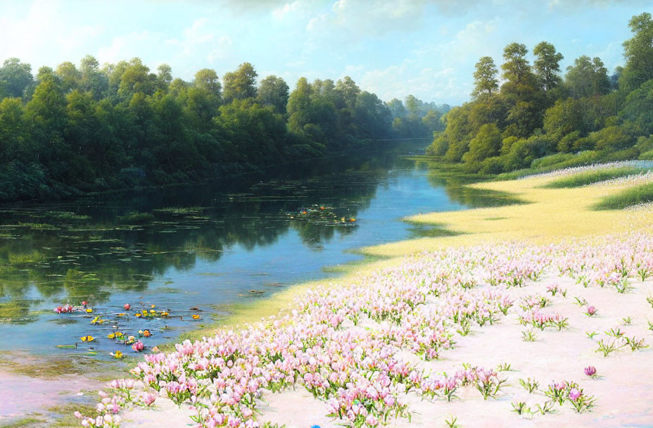 Tranquil river landscape with pink blooms, green trees, and lily pads