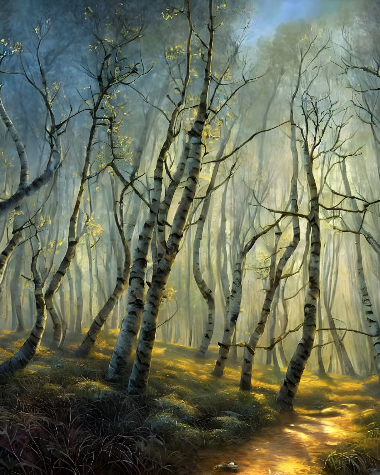 Tranquil birch tree forest with golden light and mist