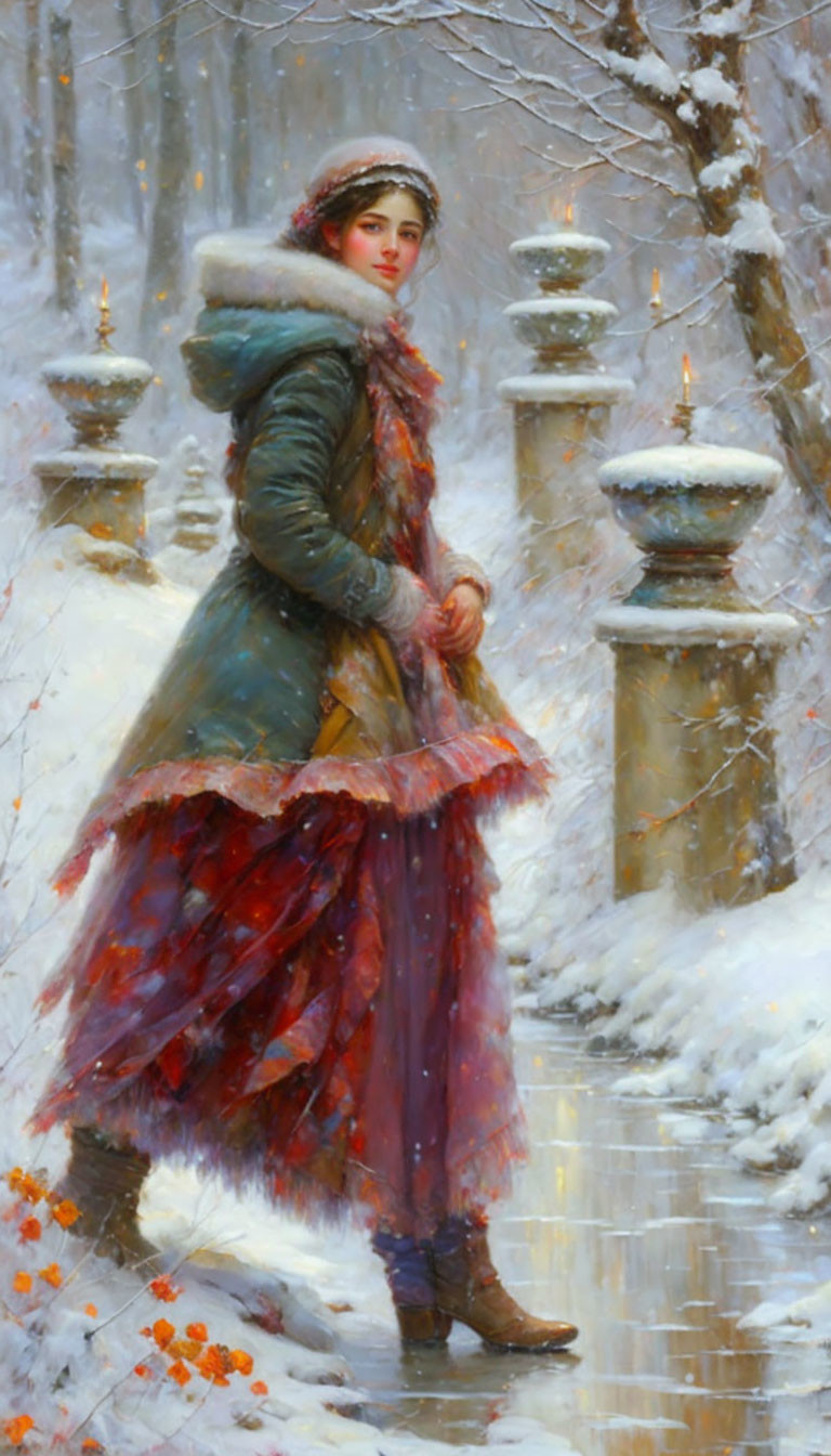 Woman in winter attire in snowy scene with lit candles and orange petals.