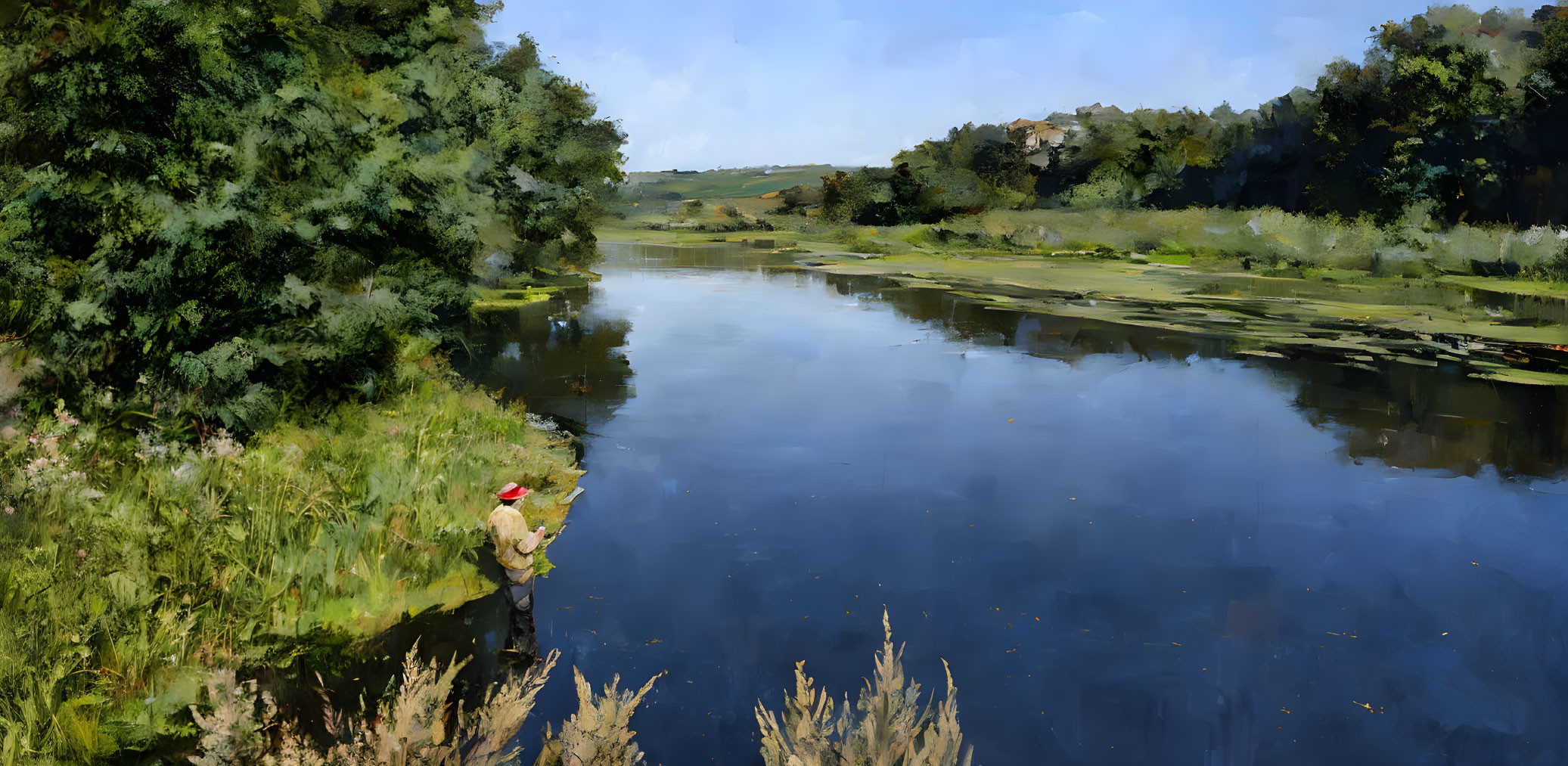 Tranquil landscape with river, green trees, and person fishing by water's edge