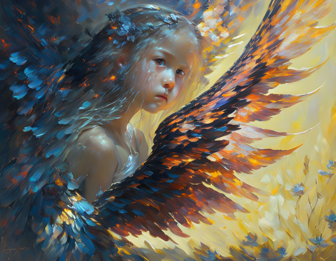 Young girl with angelic wings in vibrant blue and orange hues