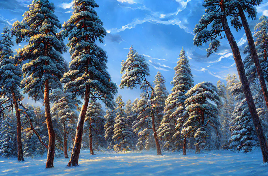 Serene winter forest scene with snow-covered pine trees and sunlight filtering through