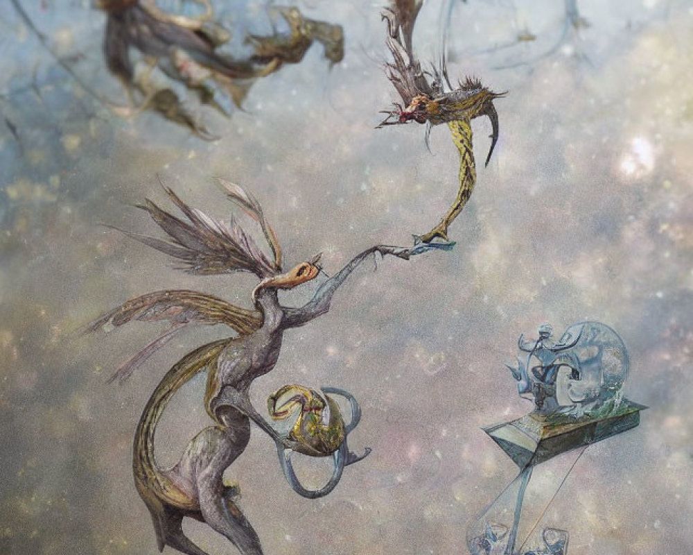 Whimsical horse-like creature dances with fantastical birds in starry atmosphere