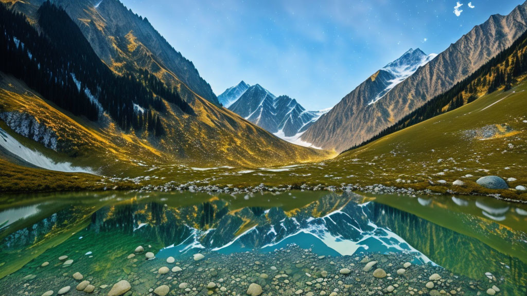 Tranquil mountain landscape with reflection in lake, forested slopes, and snow-capped peaks