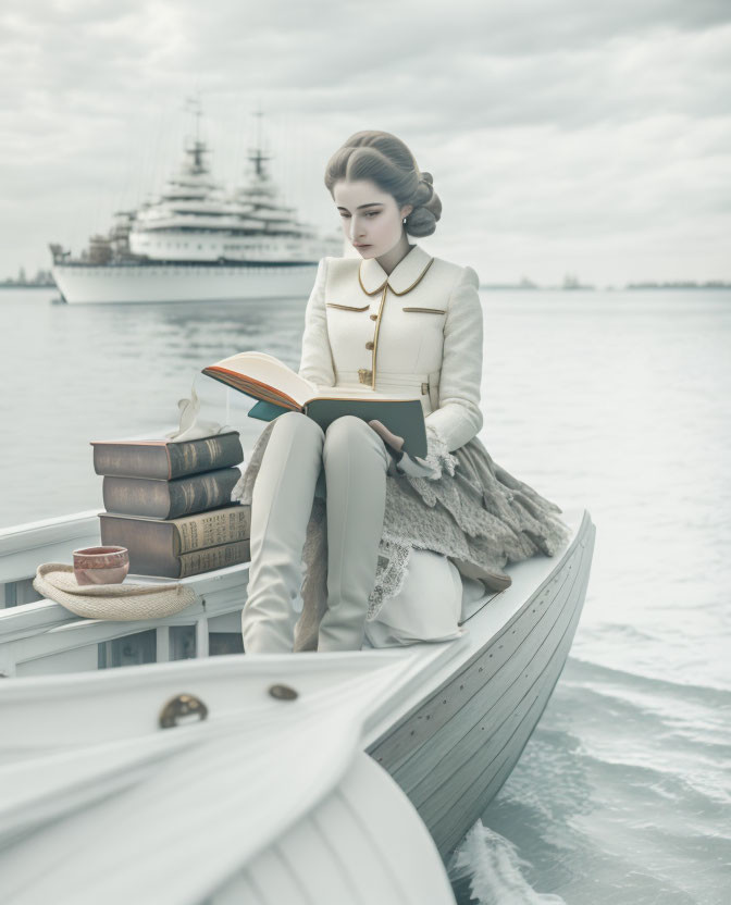 Vintage-dressed woman reading book in rowboat with ship backdrop