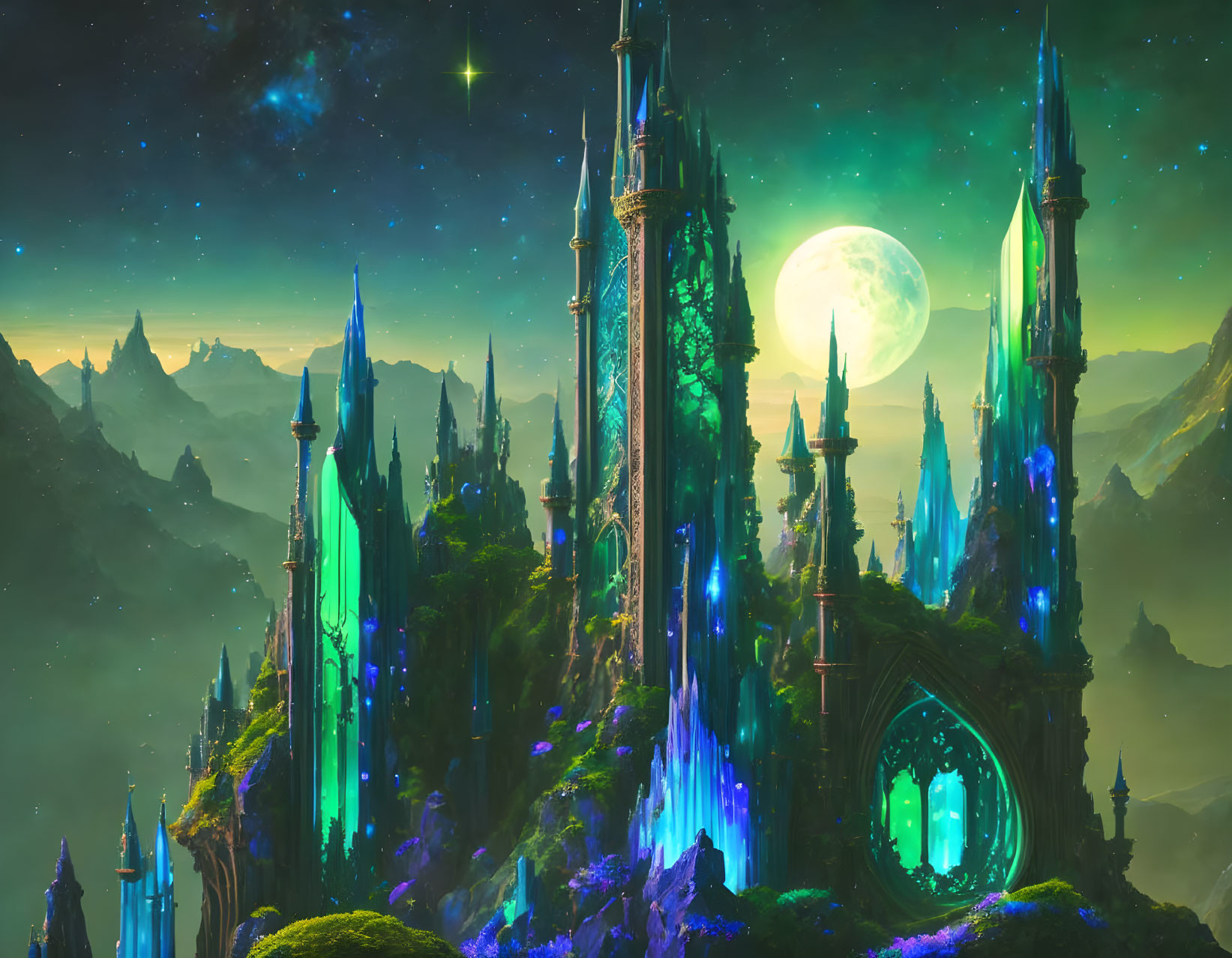 Fantasy landscape with glowing towers and starlit sky