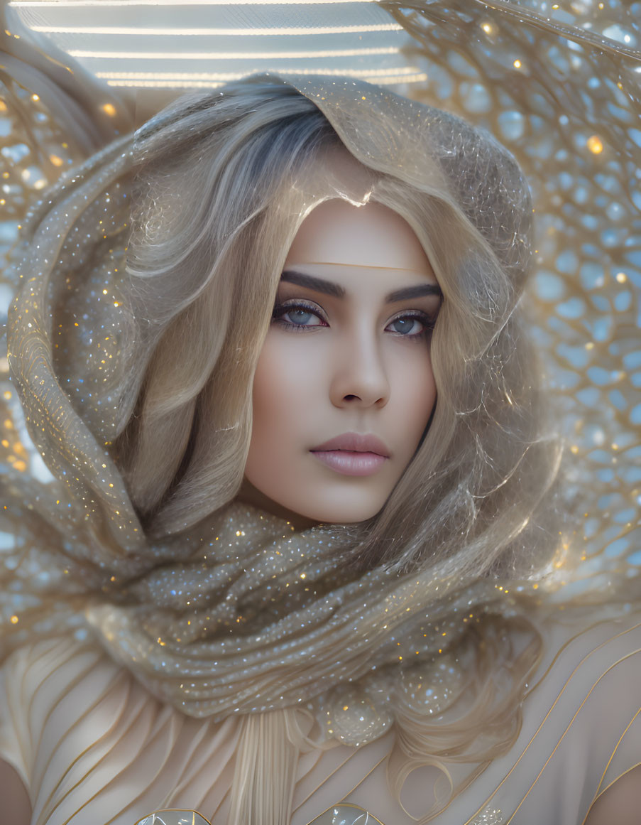 Blonde Woman Portrait with Translucent Veil and Soft Background